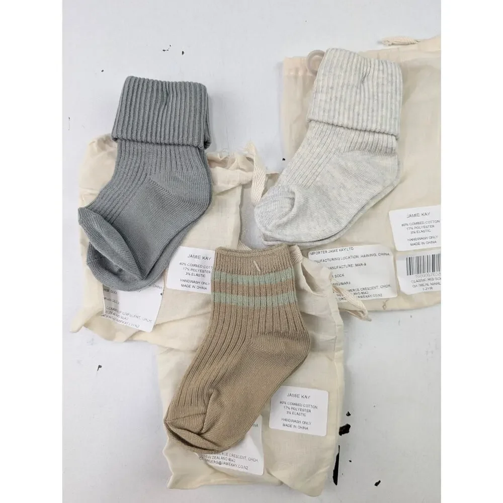 Jamie Kay 3 Pair 1-2 Year Sock Bundle Foldover Gray & Oatmeal Brayden Bronzed